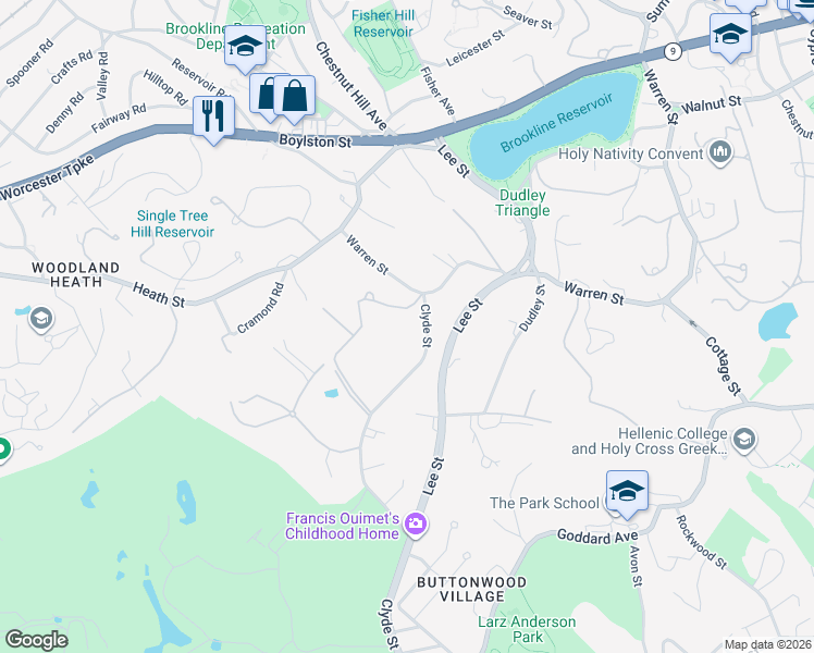 map of restaurants, bars, coffee shops, grocery stores, and more near 39 Clyde Street in Brookline