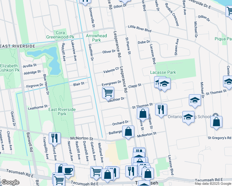 map of restaurants, bars, coffee shops, grocery stores, and more near 12201 Papineau Court in Windsor