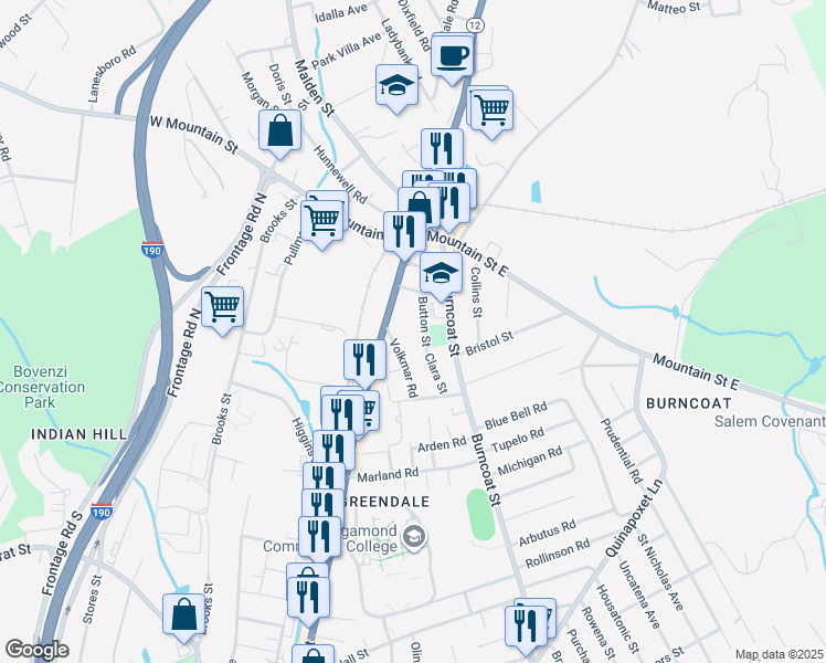 map of restaurants, bars, coffee shops, grocery stores, and more near 524 Burncoat Street in Worcester