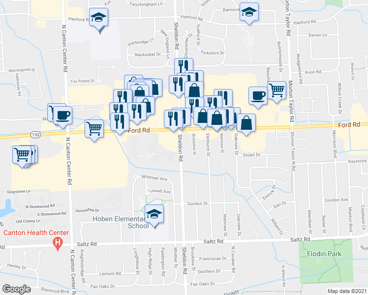 map of restaurants, bars, coffee shops, grocery stores, and more near 2048 Sheldon Road in Canton