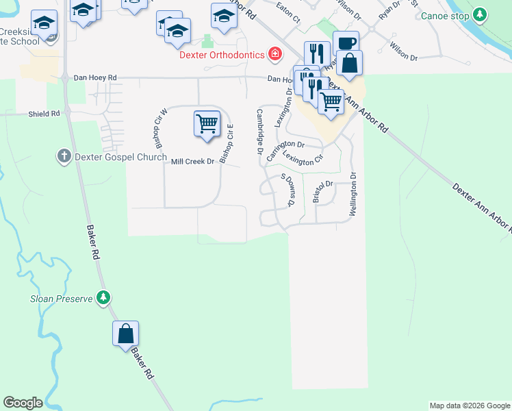 map of restaurants, bars, coffee shops, grocery stores, and more near 495 Coventry Circle in Dexter