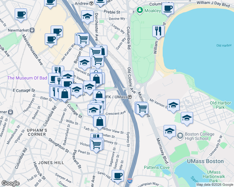 map of restaurants, bars, coffee shops, grocery stores, and more near 853 Columbia Road in Boston