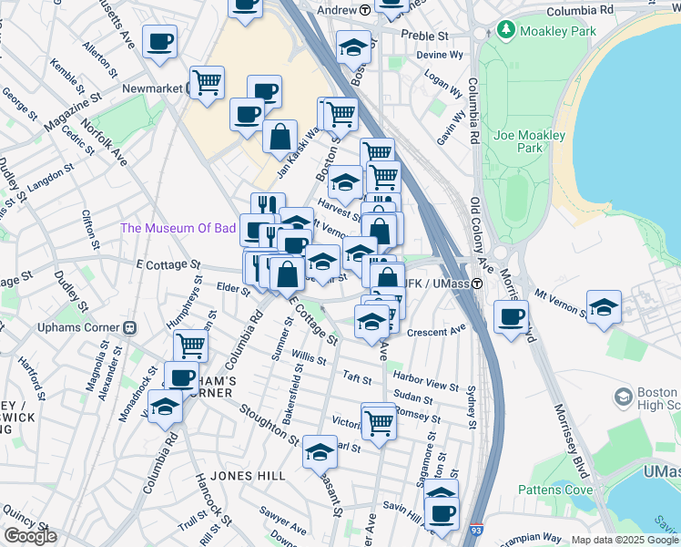 map of restaurants, bars, coffee shops, grocery stores, and more near 34 Roseclair Street in Boston