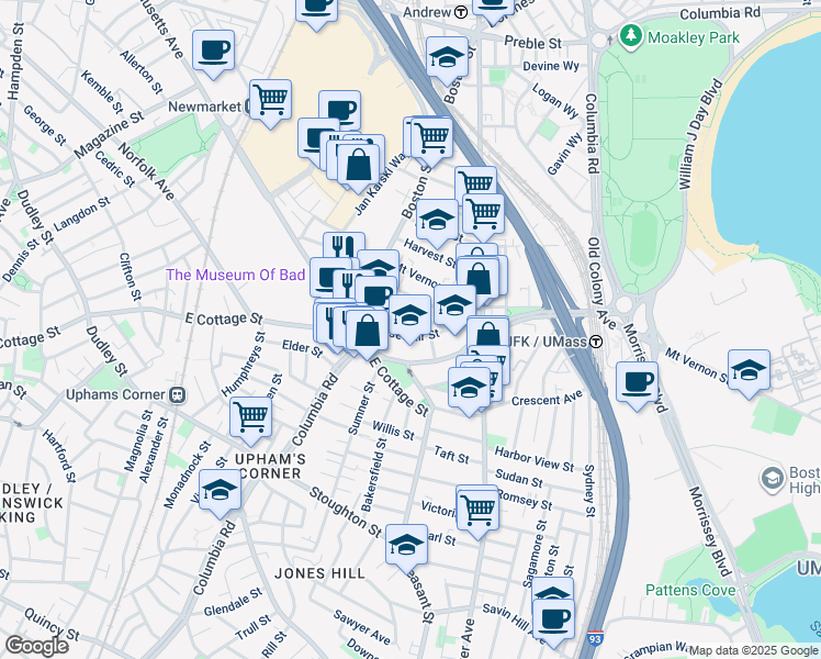 map of restaurants, bars, coffee shops, grocery stores, and more near 34 Roseclair Street in Boston