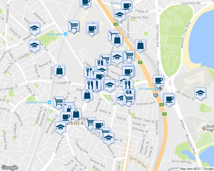map of restaurants, bars, coffee shops, grocery stores, and more near 34 Roseclair Street in Boston