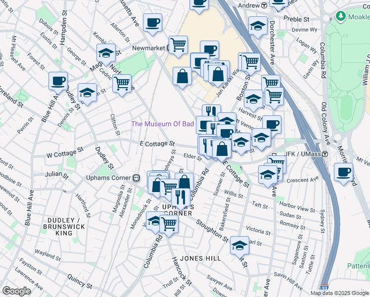 map of restaurants, bars, coffee shops, grocery stores, and more near 133 East Cottage Street in Boston