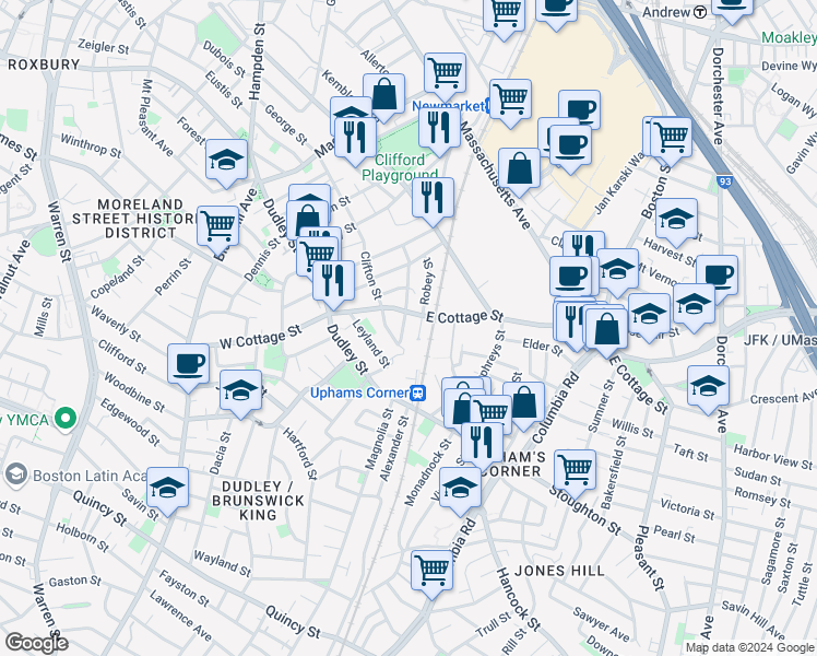 map of restaurants, bars, coffee shops, grocery stores, and more near 90-92 Robey Street in Boston