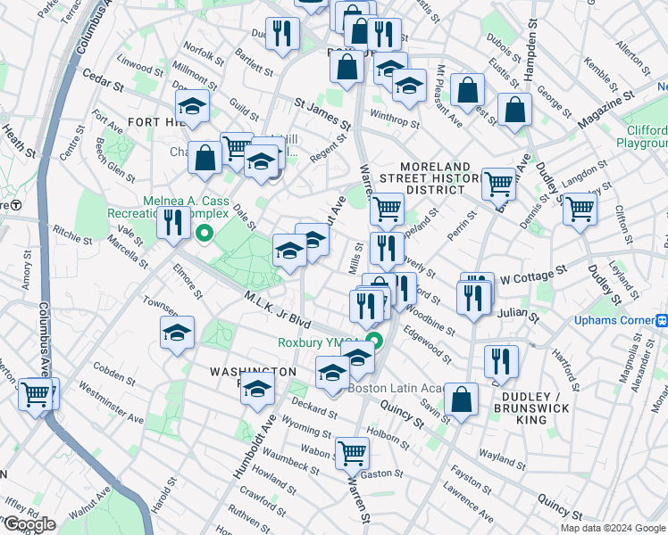 map of restaurants, bars, coffee shops, grocery stores, and more near in Boston