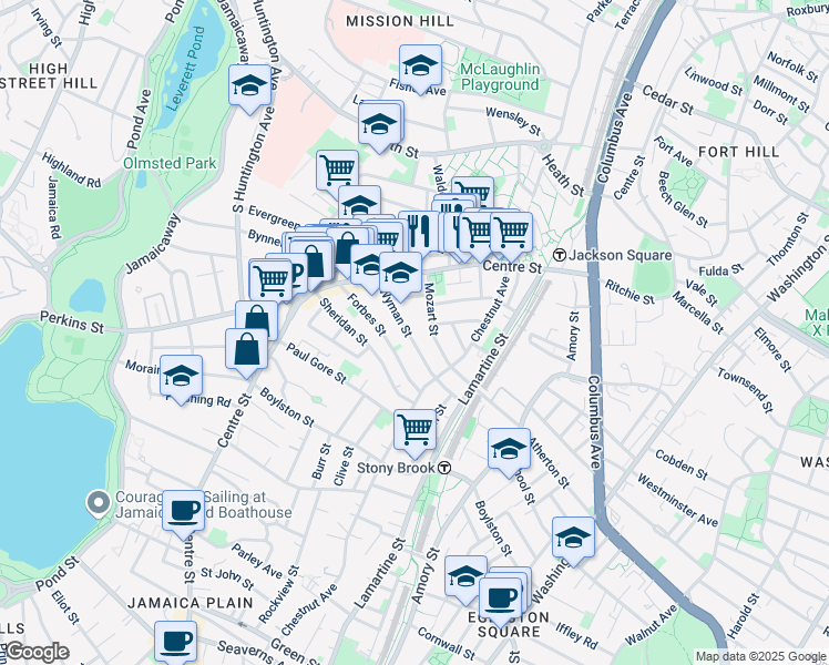 map of restaurants, bars, coffee shops, grocery stores, and more near 47 Wyman Street in Boston