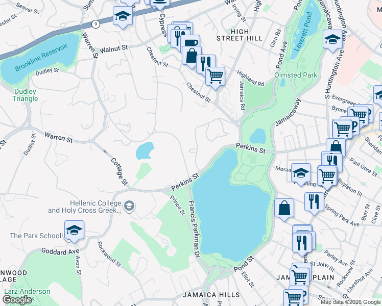 map of restaurants, bars, coffee shops, grocery stores, and more near 241 Perkins Street in Boston