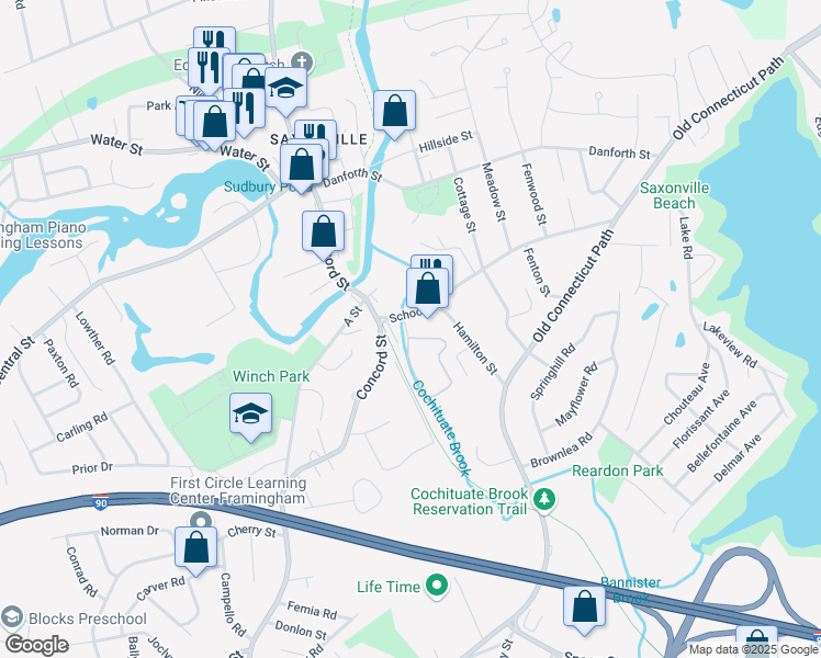 map of restaurants, bars, coffee shops, grocery stores, and more near 1 Hamilton Street in Framingham