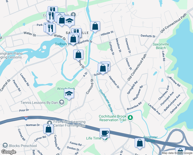 map of restaurants, bars, coffee shops, grocery stores, and more near 1504 Concord Street in Framingham