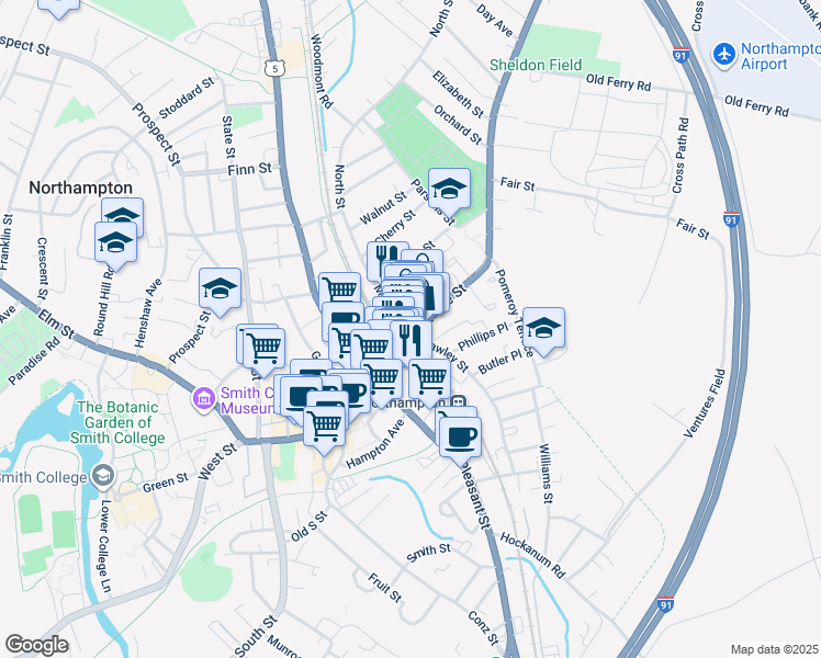 map of restaurants, bars, coffee shops, grocery stores, and more near 5 Market Street in Northampton