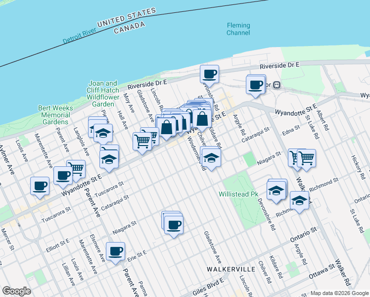 map of restaurants, bars, coffee shops, grocery stores, and more near 691 Windermere Road in Windsor