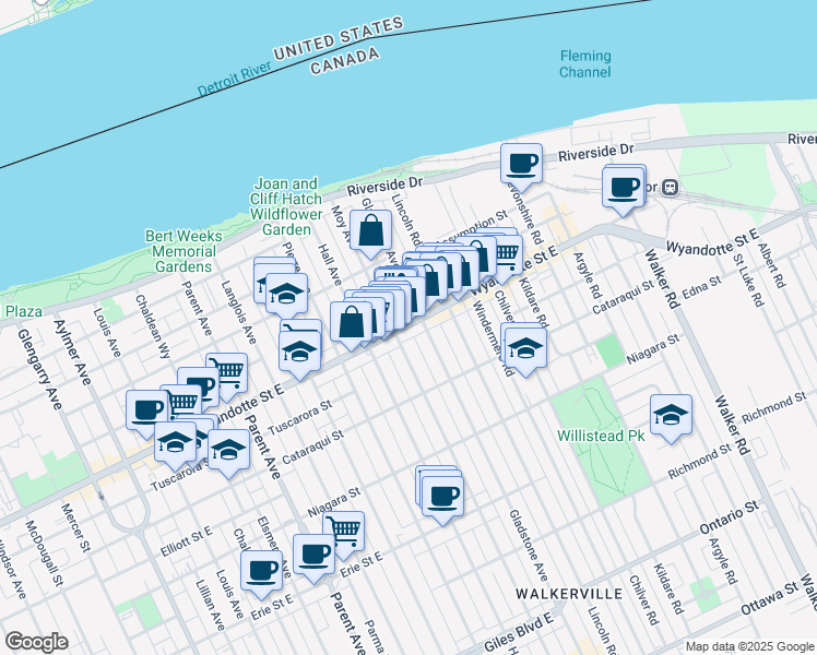 map of restaurants, bars, coffee shops, grocery stores, and more near 1441 Wyandotte Street East in Windsor