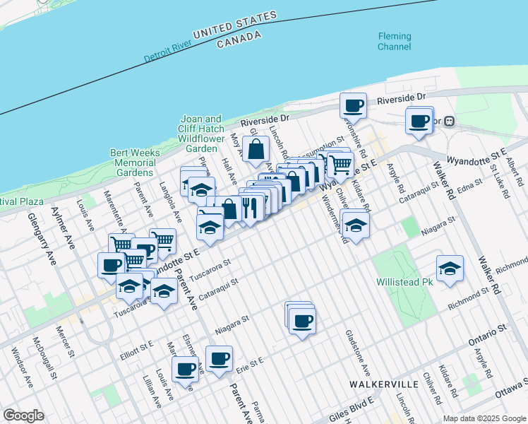 map of restaurants, bars, coffee shops, grocery stores, and more near in Windsor
