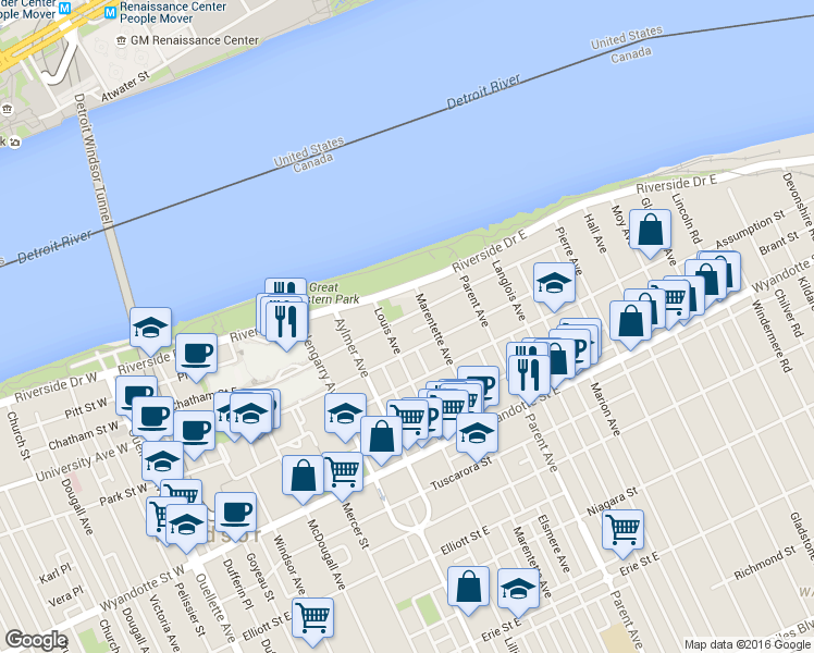 map of restaurants, bars, coffee shops, grocery stores, and more near 767 Chatham Street East in Windsor