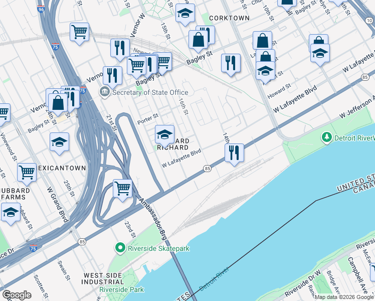 map of restaurants, bars, coffee shops, grocery stores, and more near 2520 West Lafayette Boulevard in Detroit