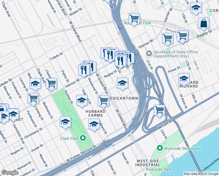 map of restaurants, bars, coffee shops, grocery stores, and more near in Detroit