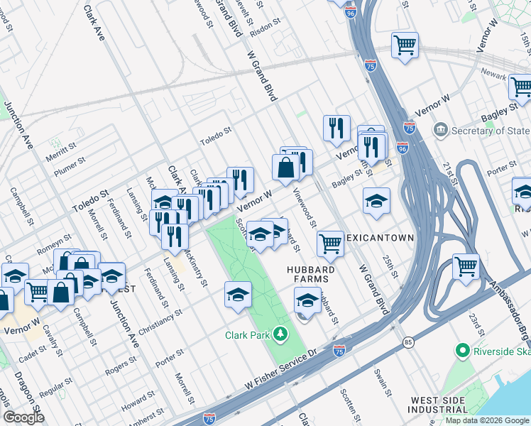 map of restaurants, bars, coffee shops, grocery stores, and more near 4054 Bagley Street in Detroit