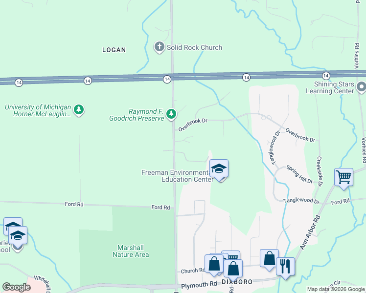 map of restaurants, bars, coffee shops, grocery stores, and more near 3616 North Dixboro Road in Ann Arbor