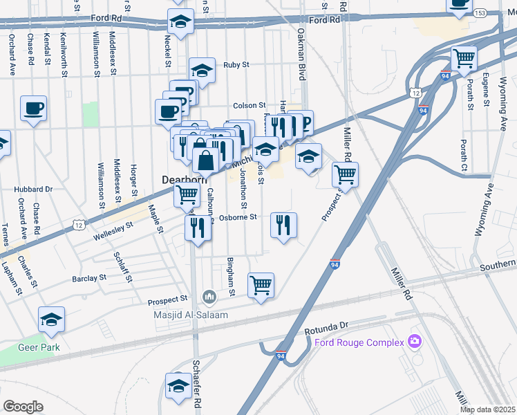 map of restaurants, bars, coffee shops, grocery stores, and more near 4423 Lois Street in Dearborn