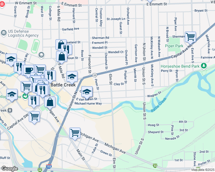 map of restaurants, bars, coffee shops, grocery stores, and more near 104 Clay Street in Battle Creek