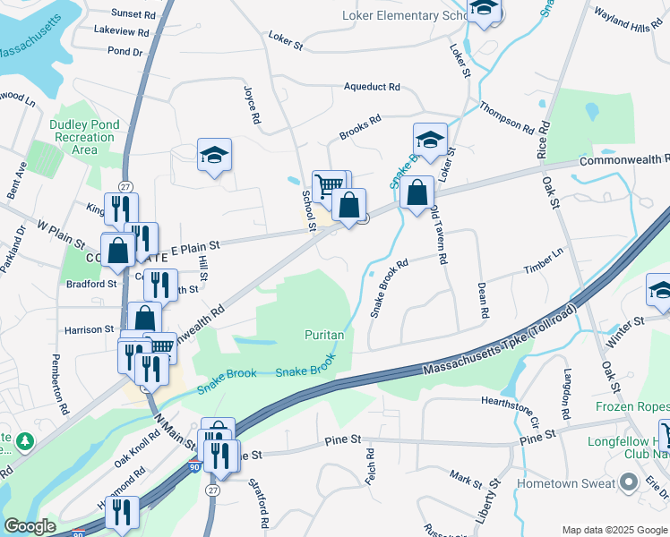 map of restaurants, bars, coffee shops, grocery stores, and more near 285 Commonwealth Road in Wayland