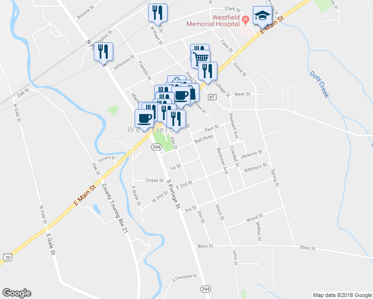 map of restaurants, bars, coffee shops, grocery stores, and more near 26 McClurg Street in Westfield