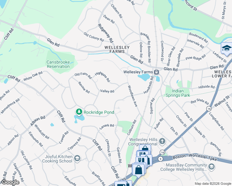 map of restaurants, bars, coffee shops, grocery stores, and more near 18 Valley Road in Wellesley