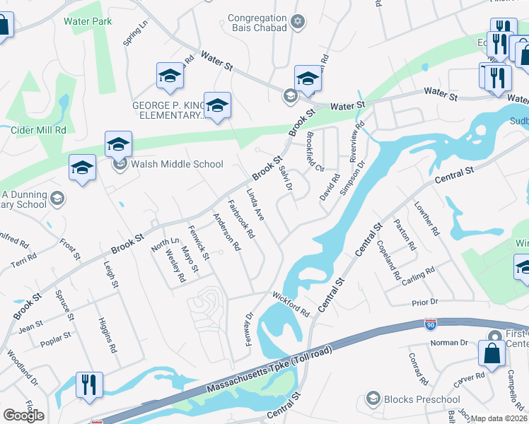 map of restaurants, bars, coffee shops, grocery stores, and more near 22 Linda Avenue in Framingham