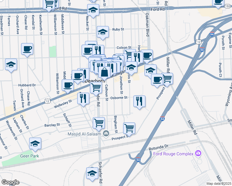 map of restaurants, bars, coffee shops, grocery stores, and more near 4430 Bingham Street in Dearborn