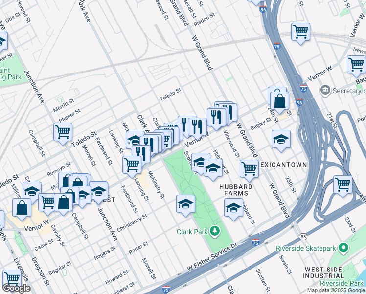 map of restaurants, bars, coffee shops, grocery stores, and more near 2099-1901 Scotten Avenue in Detroit