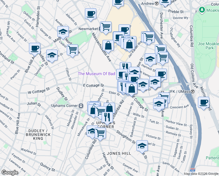 map of restaurants, bars, coffee shops, grocery stores, and more near 133 East Cottage Street in Boston
