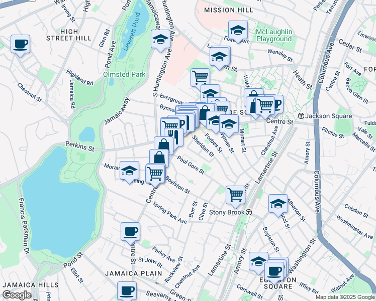 map of restaurants, bars, coffee shops, grocery stores, and more near 17 Cranston Street in Boston