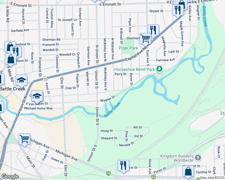 map of restaurants, bars, coffee shops, grocery stores, and more near 321 Cherry Lane in Battle Creek
