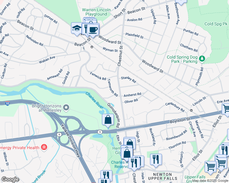 map of restaurants, bars, coffee shops, grocery stores, and more near 46 Tamworth Road in Newton