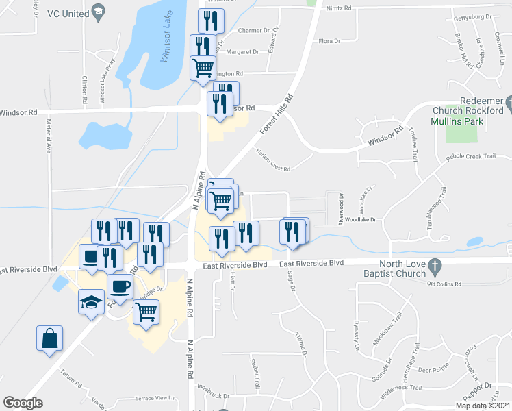 map of restaurants, bars, coffee shops, grocery stores, and more near 4189 Old Golf Road in Loves Park