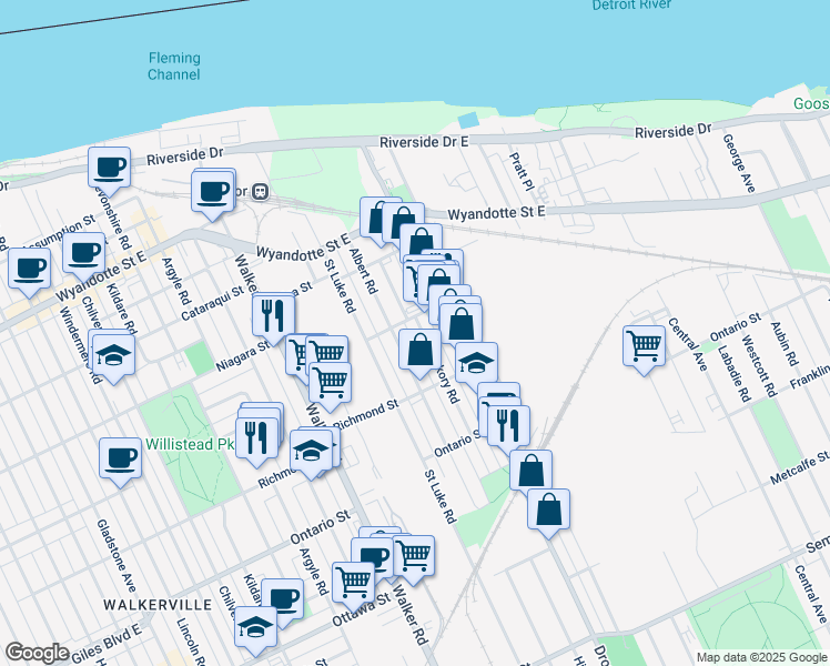 map of restaurants, bars, coffee shops, grocery stores, and more near 1021 Hickory Road in Windsor