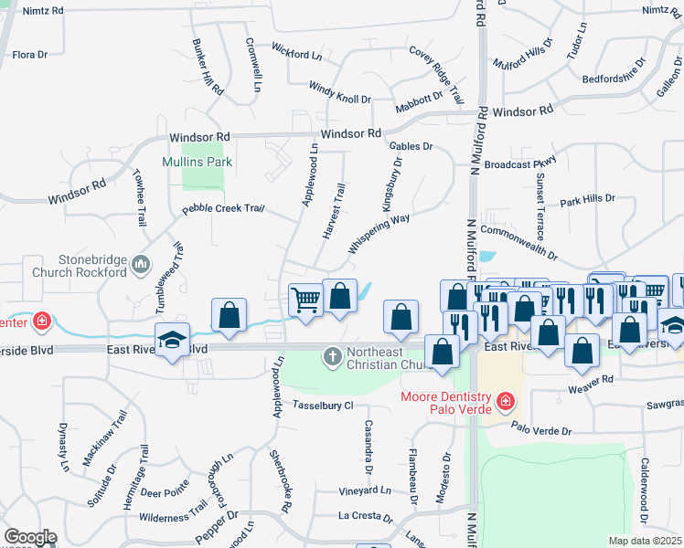 map of restaurants, bars, coffee shops, grocery stores, and more near 5681 Whispering Way in Loves Park