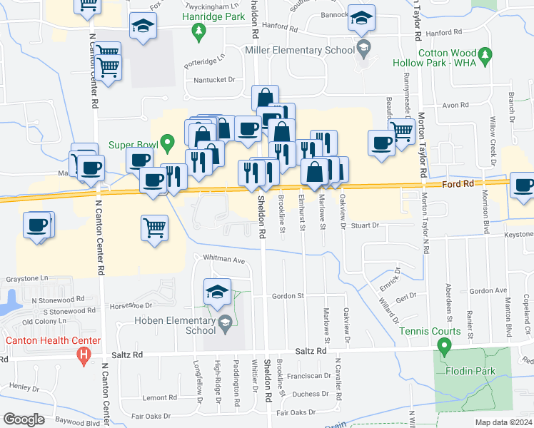 map of restaurants, bars, coffee shops, grocery stores, and more near 2050 Sheldon Road in Canton