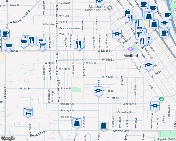 map of restaurants, bars, coffee shops, grocery stores, and more near 1125 West 10th Street in Medford