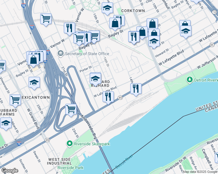 map of restaurants, bars, coffee shops, grocery stores, and more near 2520 West Lafayette Boulevard in Detroit