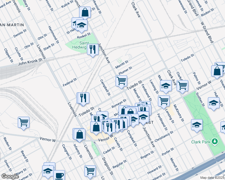 map of restaurants, bars, coffee shops, grocery stores, and more near 2354 Campbell Street in Detroit