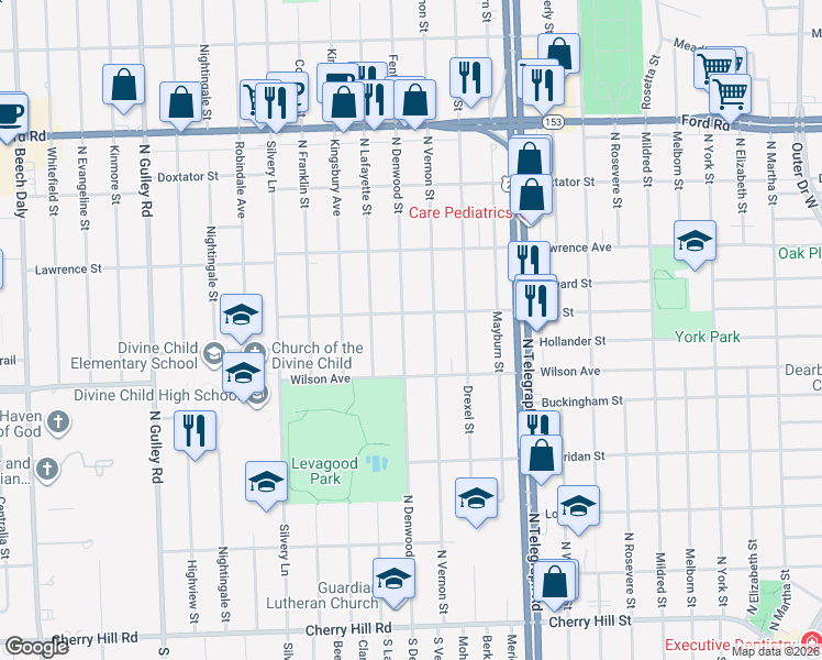 map of restaurants, bars, coffee shops, grocery stores, and more near 1328 North Denwood Street in Dearborn