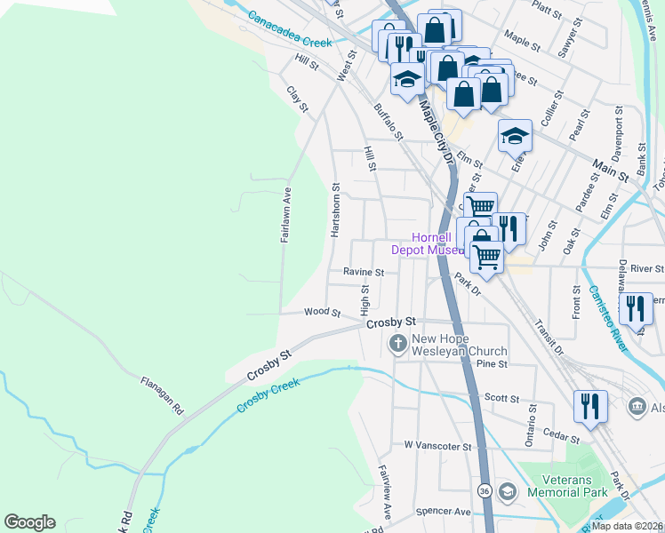 map of restaurants, bars, coffee shops, grocery stores, and more near 57 Ravine Street in Hornell