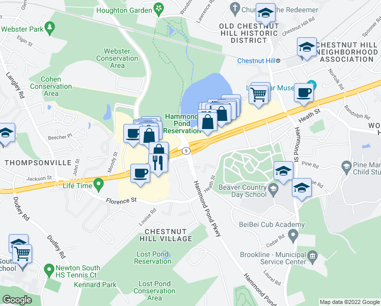 map of restaurants, bars, coffee shops, grocery stores, and more near 231 Hammond Pond Parkway in Newton