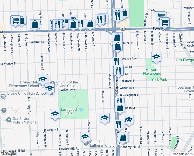 map of restaurants, bars, coffee shops, grocery stores, and more near 1330 North Vernon Street in Dearborn