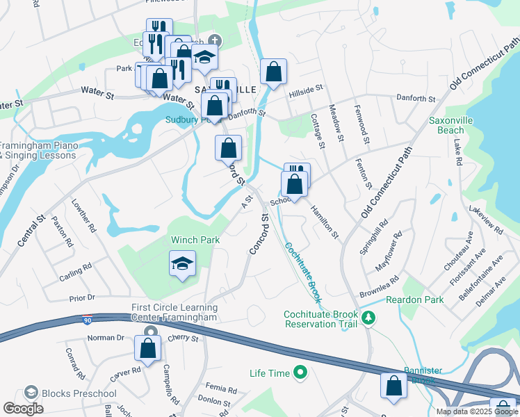 map of restaurants, bars, coffee shops, grocery stores, and more near 1504 Concord Street in Framingham