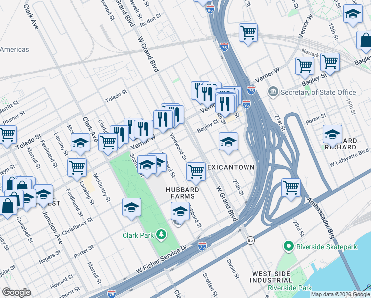 map of restaurants, bars, coffee shops, grocery stores, and more near 1560 Vinewood Street in Detroit